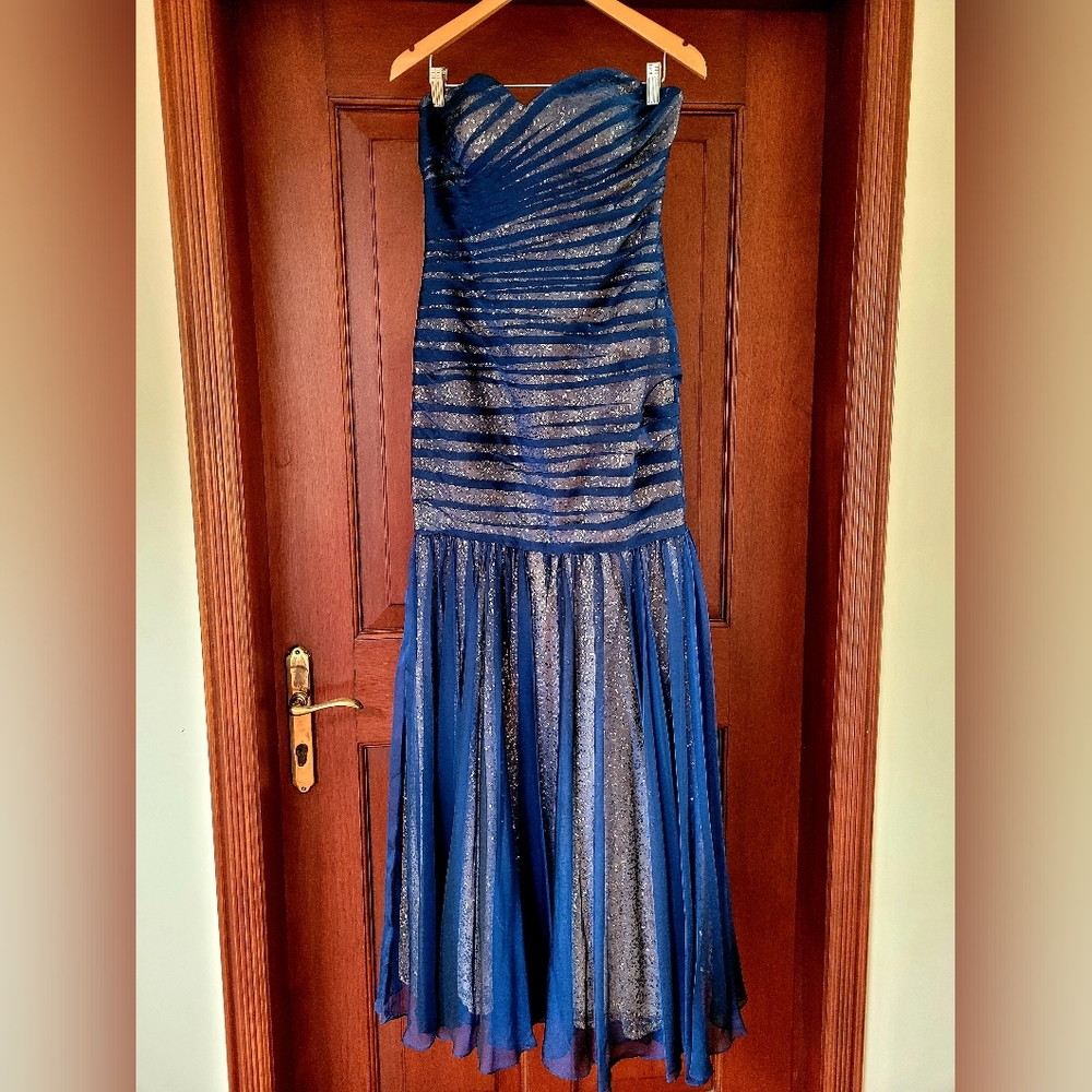 La Femme Strapless Sequin Prom Dress with Chiffon Overlay